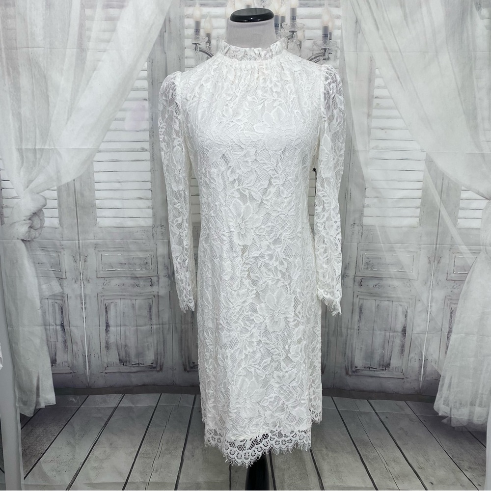 NEW Vince Camuto Size 8 White Lace Ruffle Mock Neck Shift Dress Long Sleeve